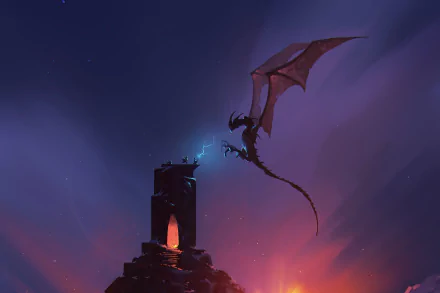 HD PC desktop wallpaper of a fantasy wyvern-dragon circling a torchlit stone tower at dusk, lightning crackling from its claws against a violet and ember sky.