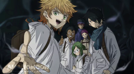 HD PC desktop wallpaper featuring Don, Gilda, Ray, and Emma from the anime The Promised Neverland, showcasing the main characters in a dramatic group pose.