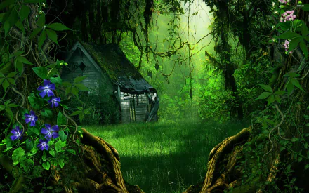 A fantasy HD wallpaper featuring a secluded house surrounded by lush, green forest, with vibrant flowers and intertwining tree branches in the foreground.