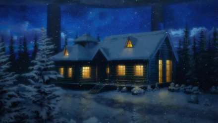 HD PC desktop wallpaper from Sword Art Online II featuring an anime-style snowy cabin scene under a starry night sky.