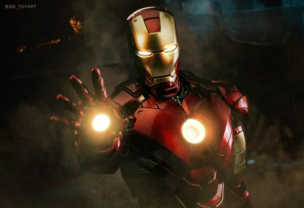 4K Ultra HD PC wallpaper of an Iron Man figurine from the movie Iron Man 2, repulsor and arc reactor glowing against a smoky dark background.