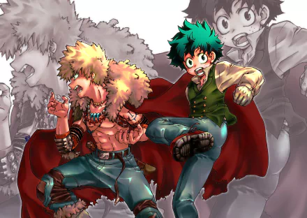 My Hero Academia anime 4K Ultra HD PC wallpaper: Izuku Midoriya and Katsuki Bakugou posed dynamically, Midoriya in green and Bakugou in a fur-lined cloak with monochrome sketches behind.