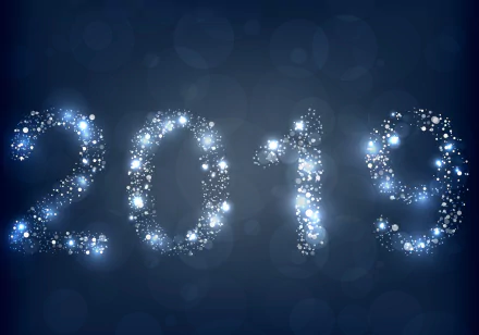 A sparkling 2019 New Year design with glowing, star-like lights on a dark blue background, featured as a 4K Ultra HD PC desktop wallpaper for the holiday season.