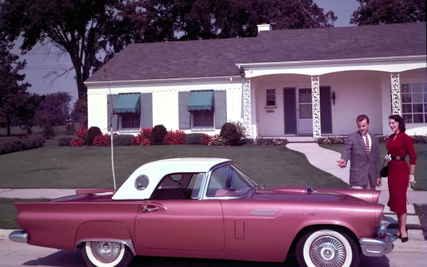 HD PC desktop wallpaper of a vintage pink Ford Thunderbird parked before a midcentury suburban house, with a well-dressed man and woman standing beside the car.