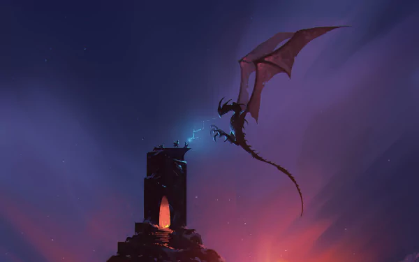 HD PC desktop wallpaper of a fantasy wyvern-dragon circling a torchlit stone tower at dusk, lightning crackling from its claws against a violet and ember sky.