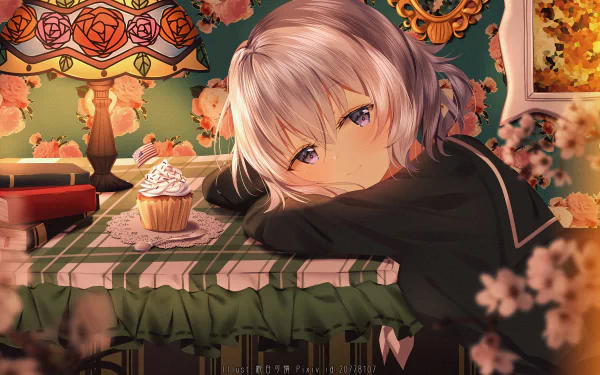HD desktop wallpaper featuring Junko Konno from Zombie Land Saga anime. Junko is resting her head on a table adorned with a cupcake, books, and a floral lamp, set against a vibrant, patterned background.