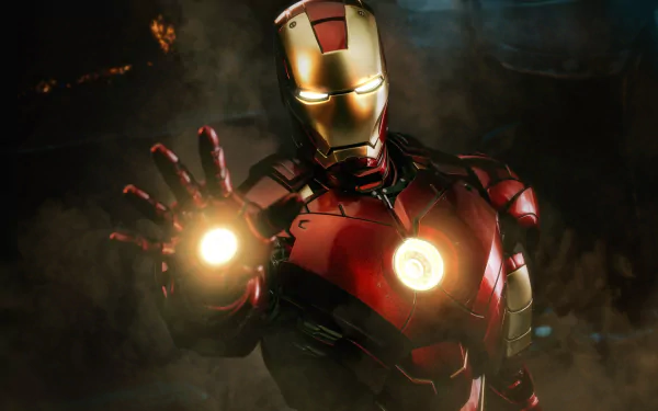 4K Ultra HD PC wallpaper of an Iron Man figurine from the movie Iron Man 2, repulsor and arc reactor glowing against a smoky dark background.