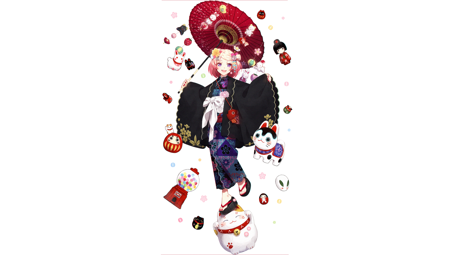 Anime-style geisha in a detailed kimono holding a red umbrella, surrounded by traditional Japanese charms and symbols, designed as an HD PC desktop wallpaper.