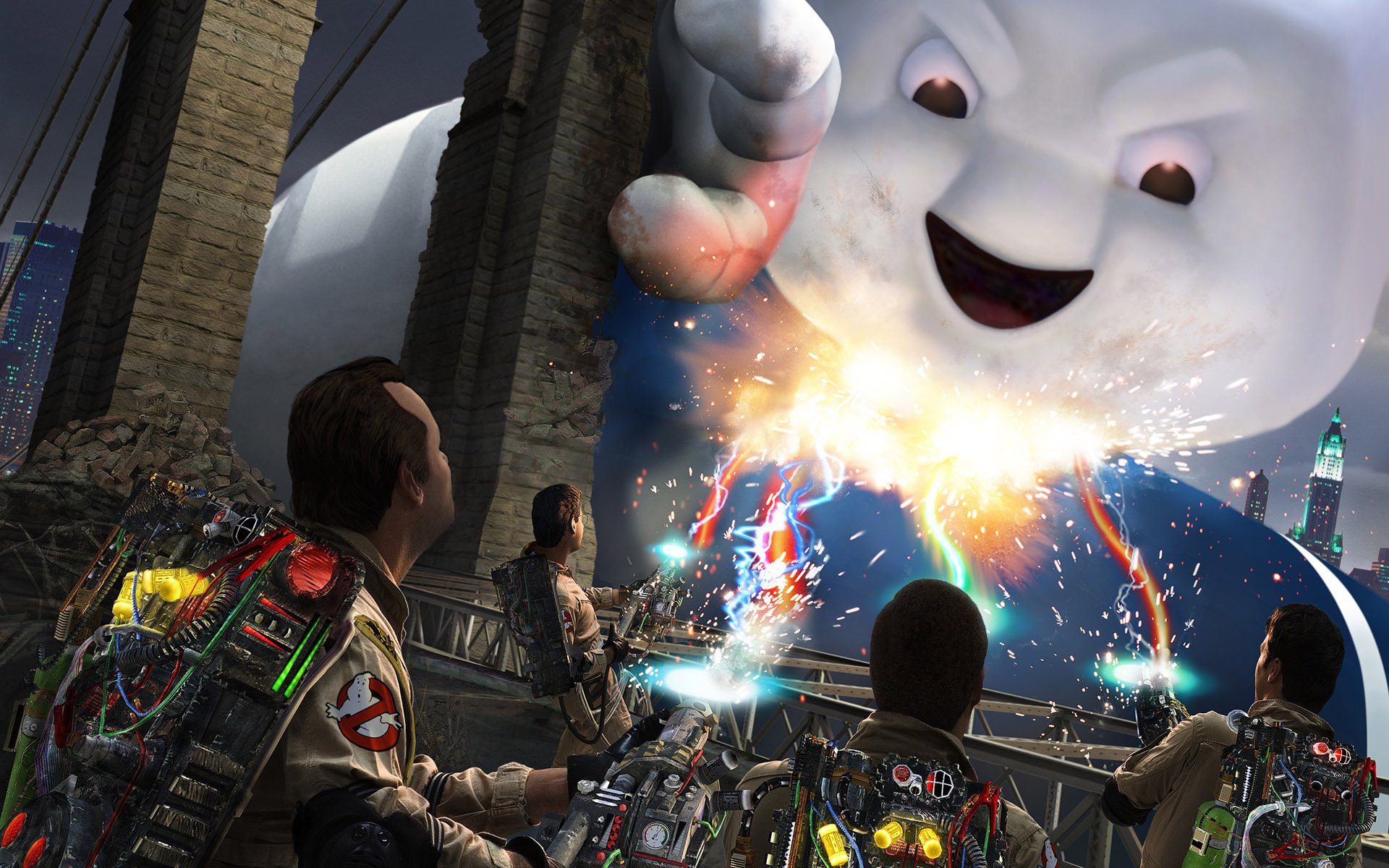 HD PC desktop wallpaper featuring Ghostbusters characters battling the Stay Puft Marshmallow Man from the Ghostbusters video game.