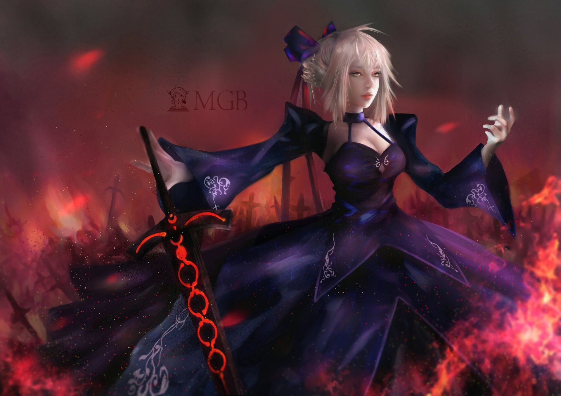 Artoria Pendragon (Saber, Fate Series / Fate/Grand Order) anime 4K desktop wallpaper — Saber in a dark purple gown wields a chained black sword amid blazing red flames and a smoky battlefield.