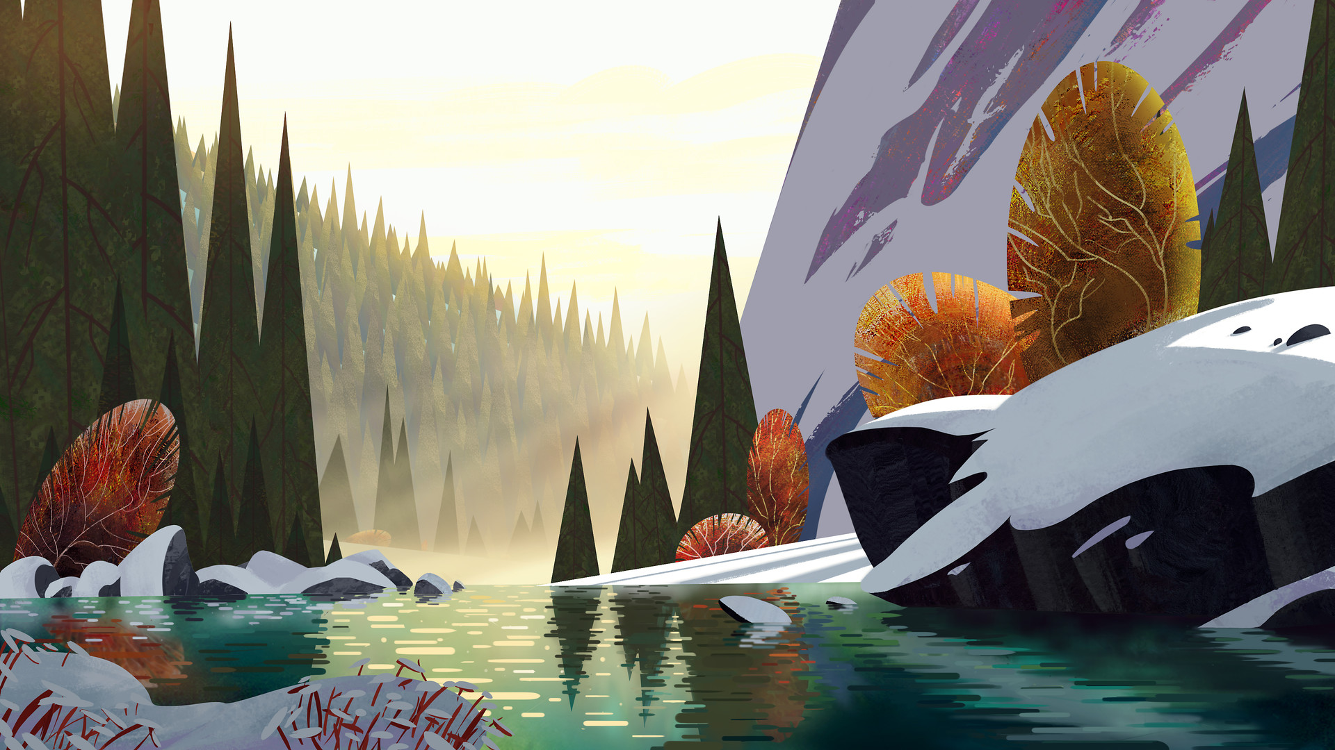 Artistic HD landscape wallpaper of a serene river flowing through a forest with tall pine trees, autumn foliage, and snow-covered rocks beneath a soft, glowing sky.