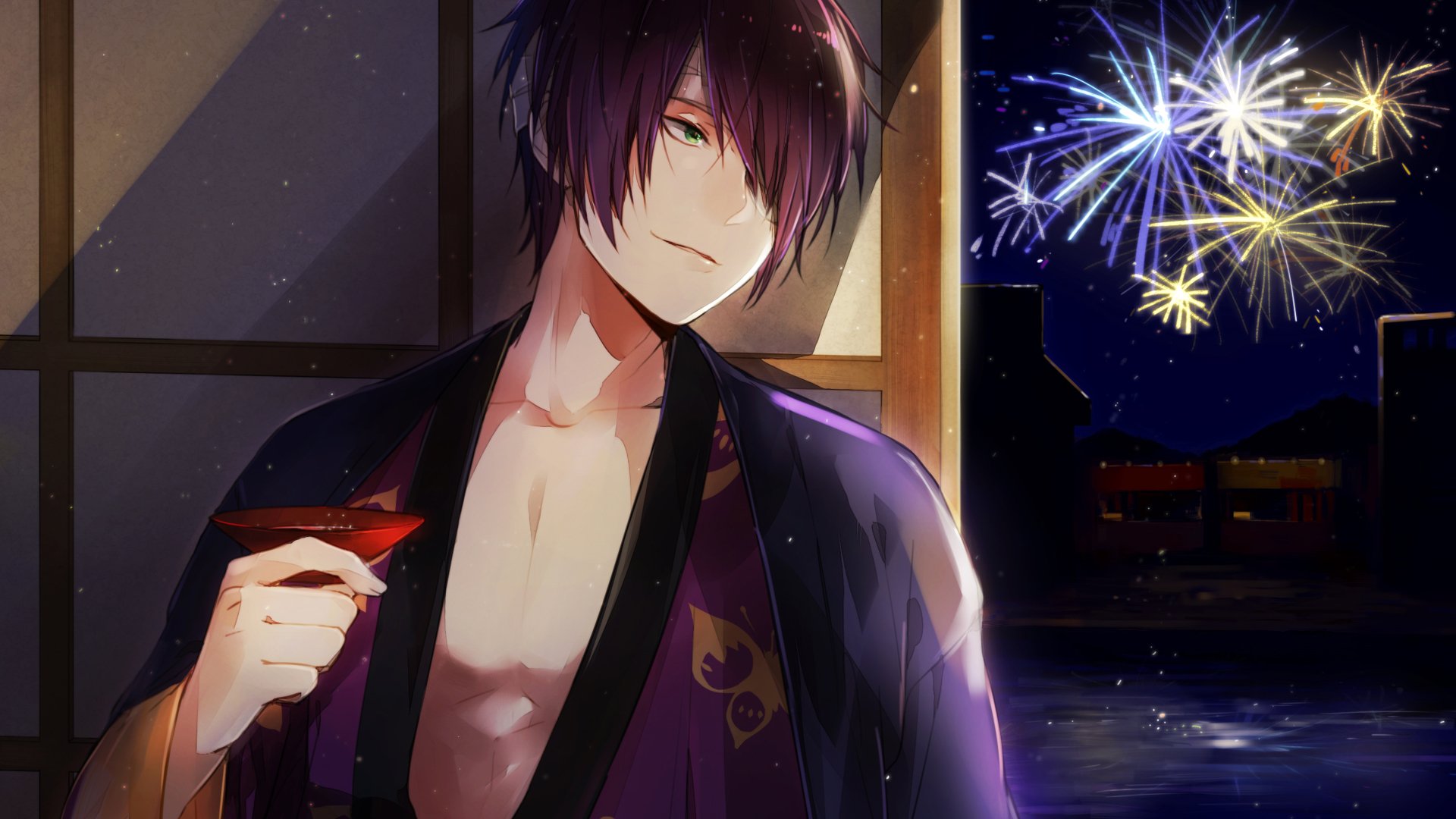 Shinsuke Takasugi (Gintama) anime 4K Ultra HD PC desktop wallpaper: brooding man in open kimono by a window, fireworks sparkling over a river at night.