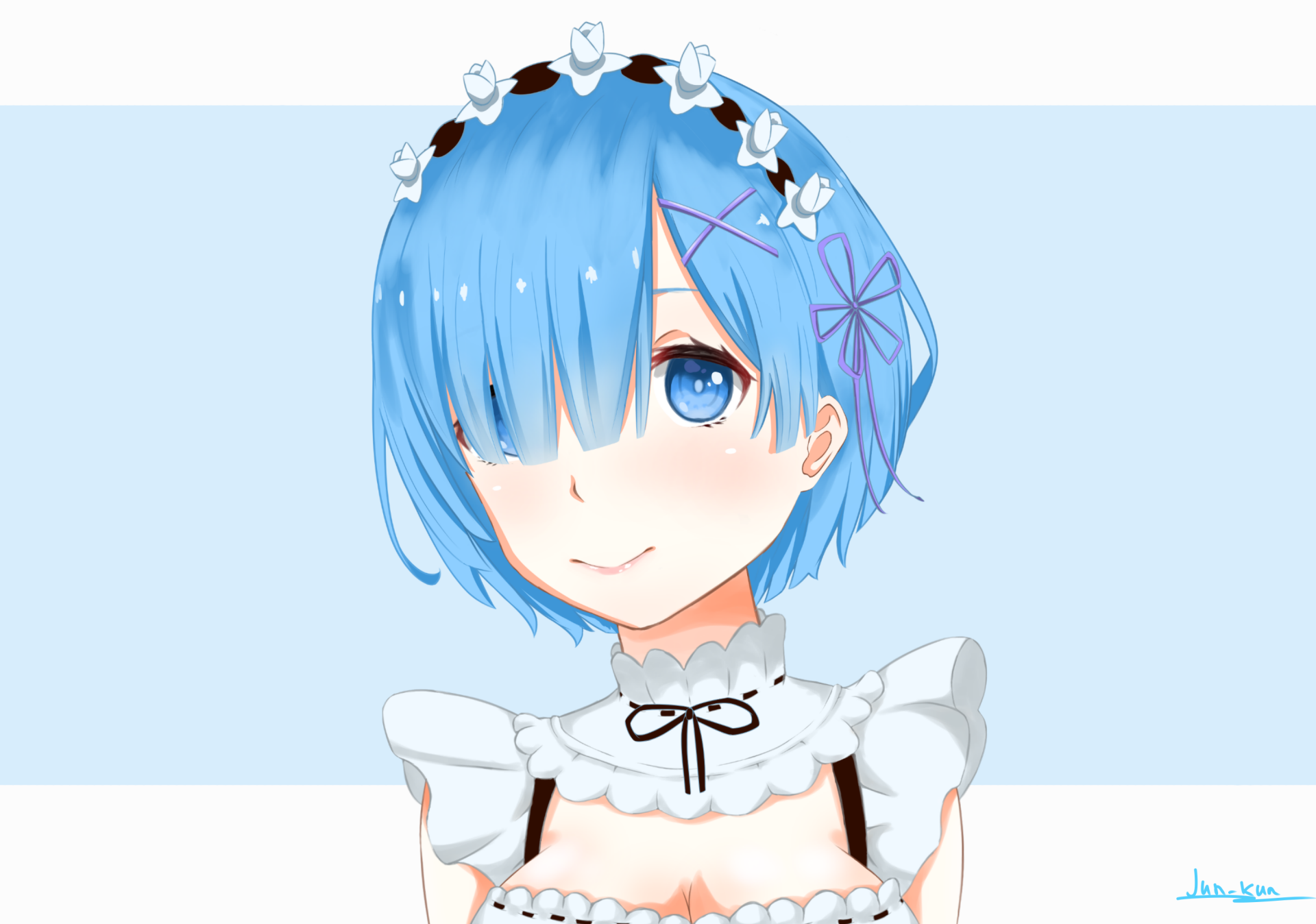 HD PC desktop wallpaper featuring Rem from the anime Re:Zero - Starting Life in Another World with her signature blue hair and maid outfit.