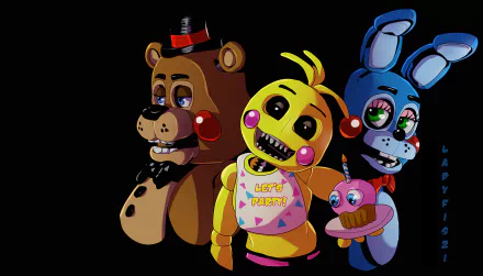 HD PC desktop wallpaper featuring Toy Freddy, Toy Chica, and Toy Bonnie from the video game Five Nights at Freddy's 2.