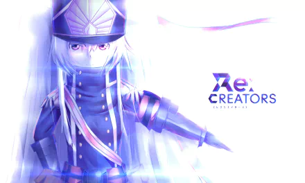 HD PC desktop wallpaper featuring Altair from Re:Creators anime, showcasing the character in a dynamic, glowing blue and purple design with the Re:Creators logo.