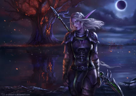 Blonde elf woman warrior stands by a dark lake under a moonlit night, dressed in armor with a spear, set against a fantasy landscape with a glowing tree.