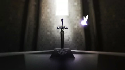 HD PC desktop wallpaper featuring the Master Sword and Navi from the video game The Legend of Zelda: Ocarina of Time in a dimly lit stone chamber.