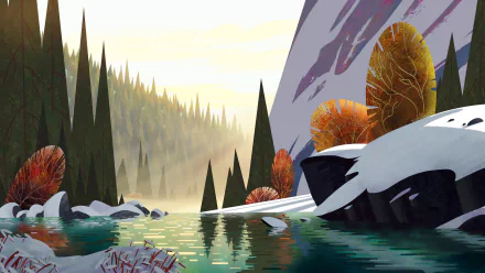 Artistic HD landscape wallpaper of a serene river flowing through a forest with tall pine trees, autumn foliage, and snow-covered rocks beneath a soft, glowing sky.