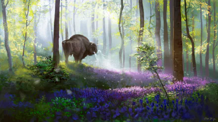 A majestic spirit buffalo stands amidst vibrant purple flowers in a sunlit fantasy forest, blending animal mystique with an enchanting natural landscape.