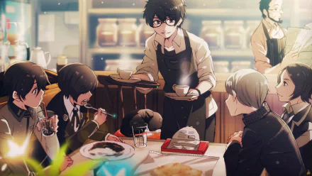 4K Ultra HD Persona video game wallpaper featuring key characters Tatsuya Suou, Akira Kurusu, Makoto Yuki, Minato Arisato, Morgana, and Yu Narukami in a café setting.