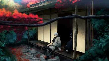 HD PC desktop wallpaper featuring Gintoki Sakata from the anime Gintama, sitting quietly outside a traditional Japanese house surrounded by autumn foliage.