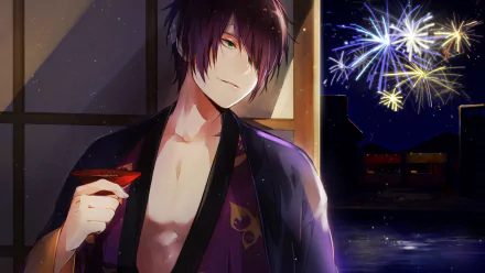 Shinsuke Takasugi (Gintama) anime 4K Ultra HD PC desktop wallpaper: brooding man in open kimono by a window, fireworks sparkling over a river at night.