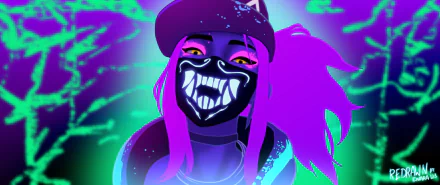 HD PC desktop wallpaper featuring Akali from K/DA in League of Legends, showcasing her vibrant purple hair and glowing mask in a neon-lit style.