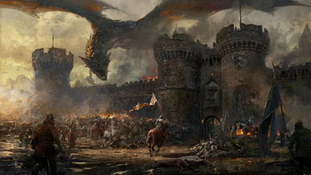 A high-definition fantasy wallpaper featuring a dramatic scene with a giant dragon swooping over a medieval castle amid chaos and battle.