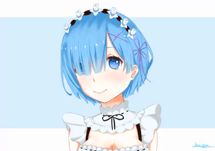 HD PC desktop wallpaper featuring Rem from the anime Re:Zero - Starting Life in Another World with her signature blue hair and maid outfit.