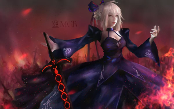 Artoria Pendragon (Saber, Fate Series / Fate/Grand Order) anime 4K desktop wallpaper — Saber in a dark purple gown wields a chained black sword amid blazing red flames and a smoky battlefield.