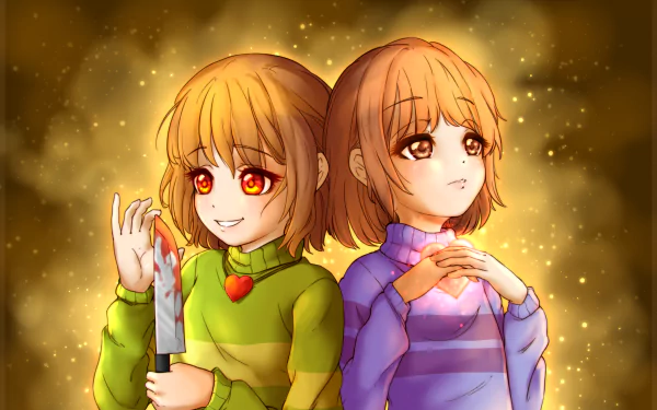 4K Ultra HD desktop wallpaper featuring Chara and Frisk from the video game Undertale, depicted with warm glowing effects and detailed character expressions.