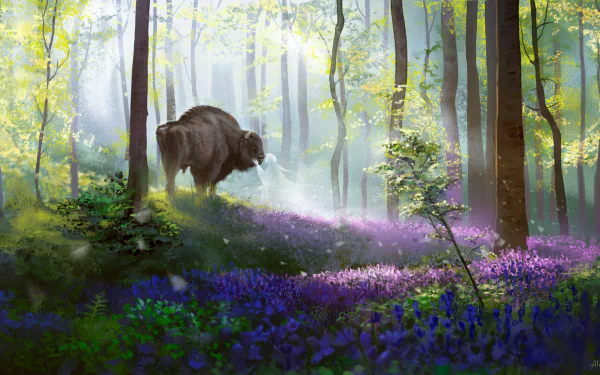 A majestic spirit buffalo stands amidst vibrant purple flowers in a sunlit fantasy forest, blending animal mystique with an enchanting natural landscape.