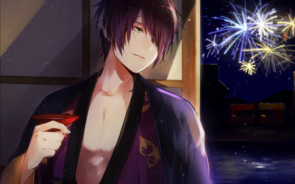 Shinsuke Takasugi (Gintama) anime 4K Ultra HD PC desktop wallpaper: brooding man in open kimono by a window, fireworks sparkling over a river at night.