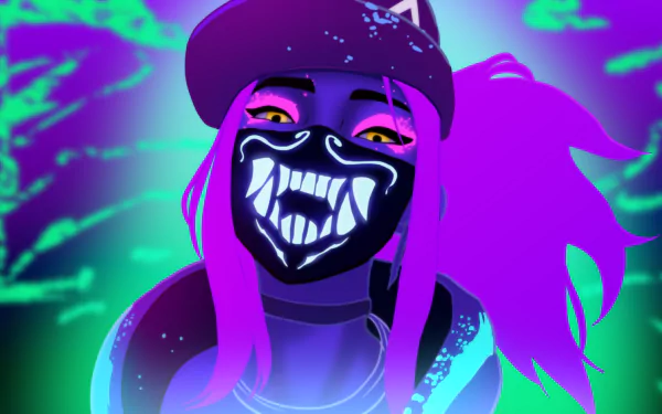 HD PC desktop wallpaper featuring Akali from K/DA in League of Legends, showcasing her vibrant purple hair and glowing mask in a neon-lit style.