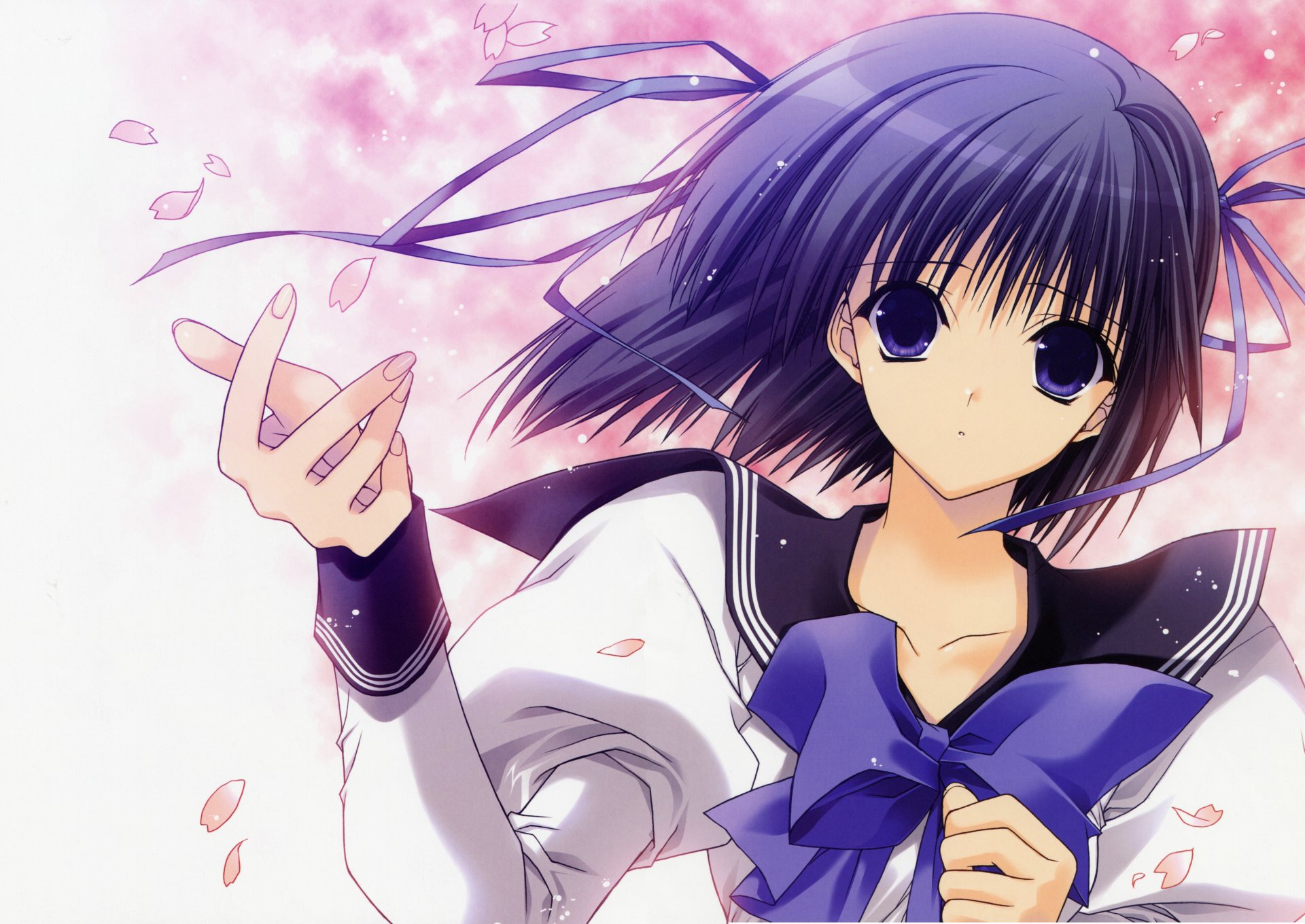 Anime original girl with short blue hair and blue eyes, wearing a sailor uniform with a big bow and ribbon, surrounded by falling cherry blossom petals — 4K Ultra HD desktop wallpaper.