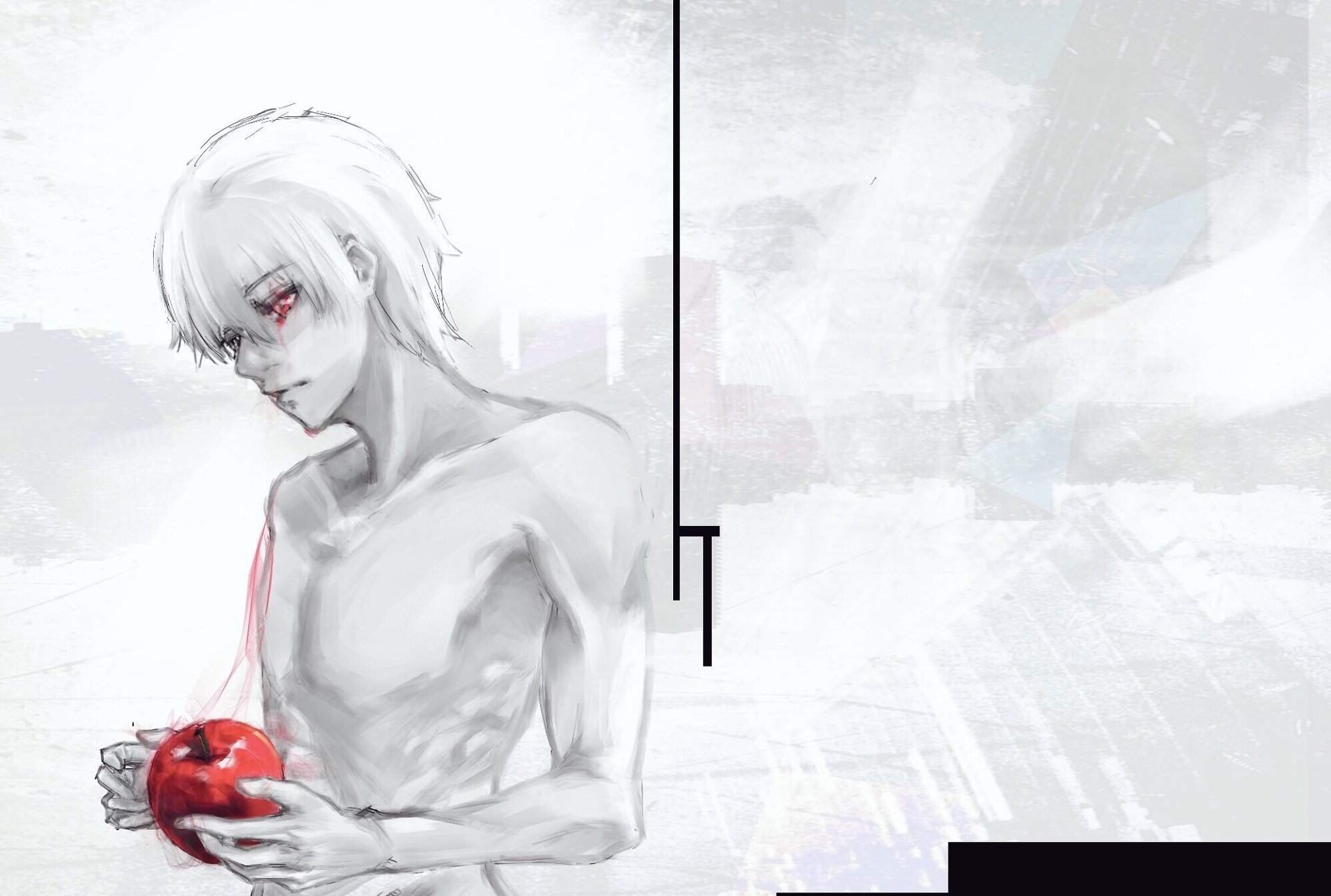 Anime HD PC wallpaper of Ken Kaneki (Tokyo Ghoul): pale, white‑haired figure with a red eye and blood-streaked hand holding a bright red apple against a minimalist gray background.