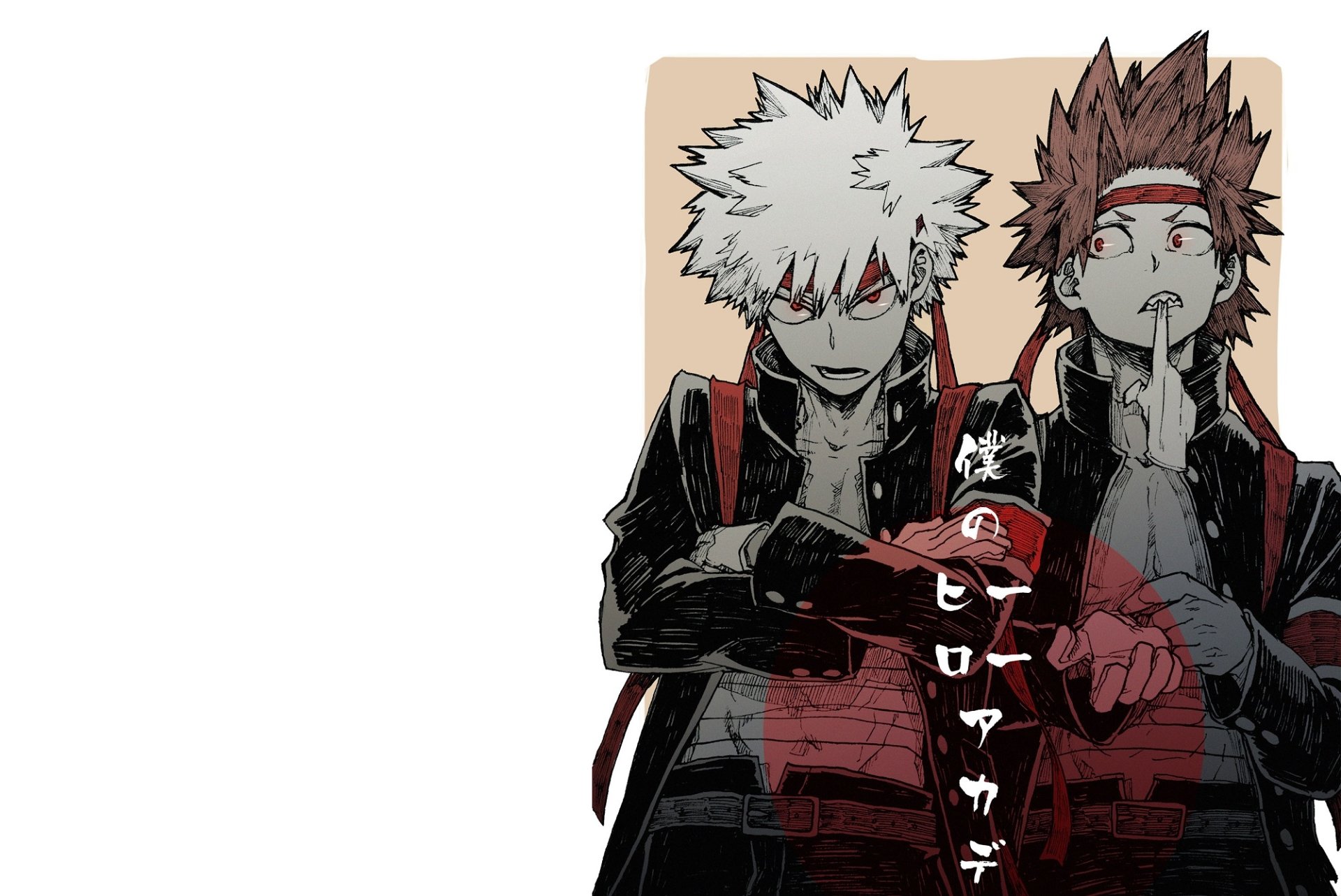HD desktop wallpaper featuring Eijiro Kirishima and Katsuki Bakugou from the anime My Hero Academia in dynamic poses with a minimalist background.