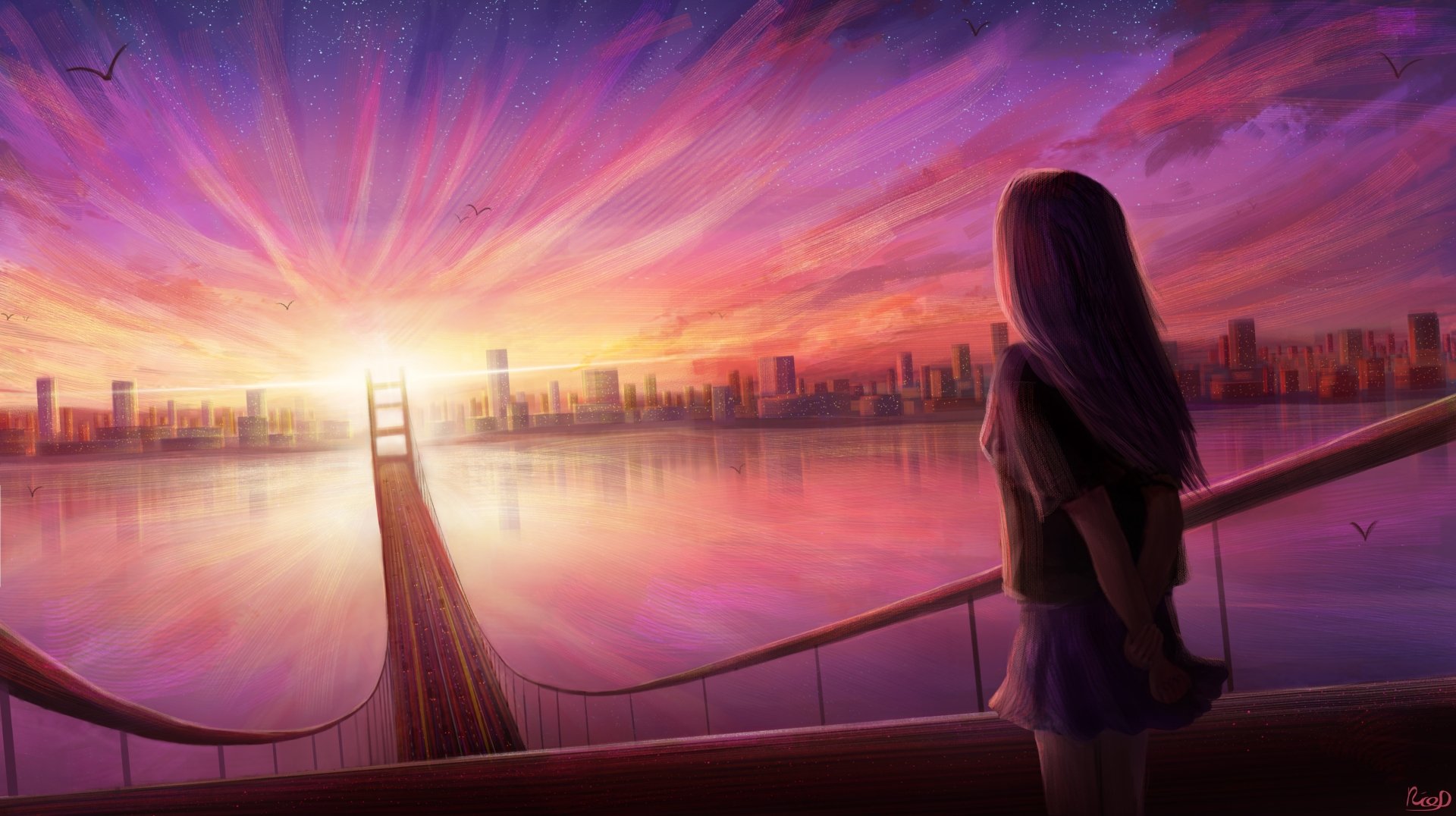 Anime-style HD wallpaper showing a scenic evening sunset over a bridge, with a young character gazing at the vibrant sky, set against a cityscape in the background.