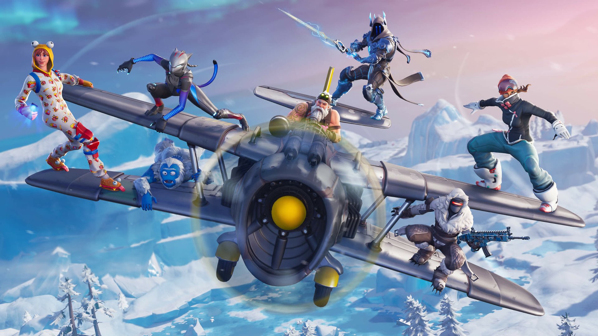 HD desktop wallpaper featuring dynamic Fortnite characters in action on an airplane over a snowy landscape. Vibrant and engaging for game enthusiasts.