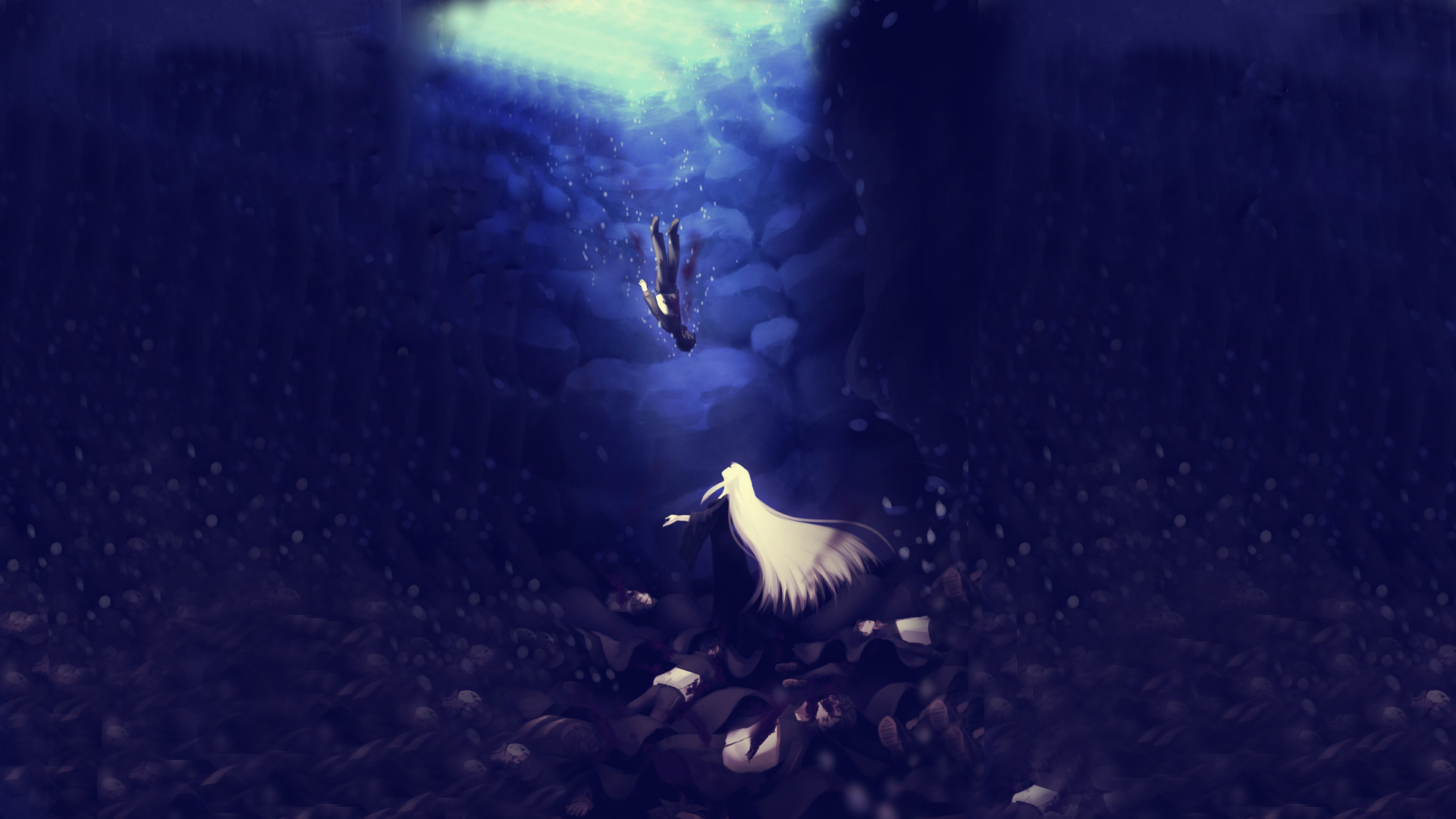 HD anime desktop wallpaper featuring Subaru Natsuki and Satella from Re:Zero - Starting Life in Another World, set against a deep, ethereal blue background.