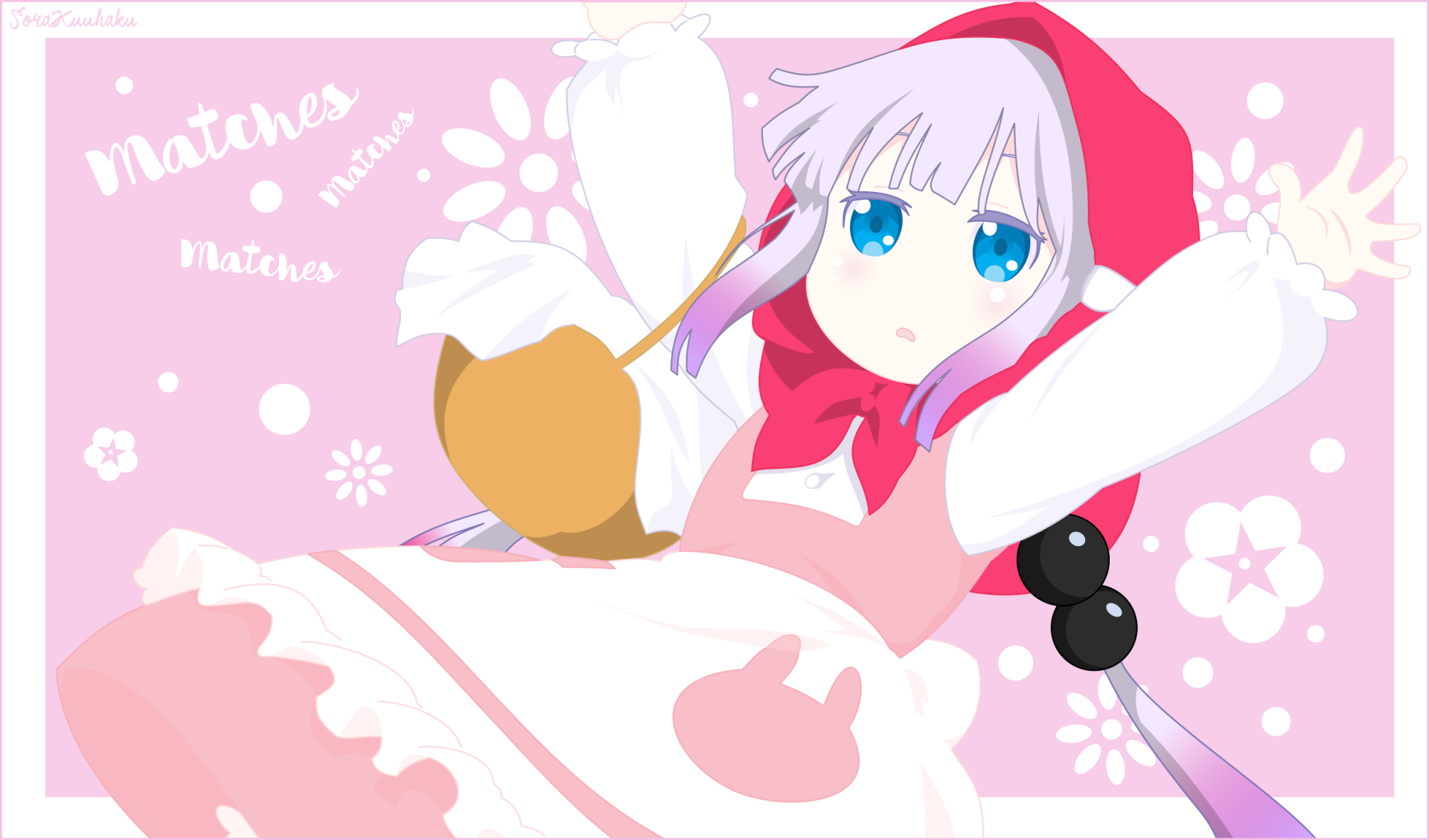 HD PC desktop wallpaper/background of Kanna Kamui (Anime, Miss Kobayashi's Dragon Maid): pastel-pink floral scene, blue-eyed Kanna in a pink hooded dress holding a heart-shaped cookie, cute pose.