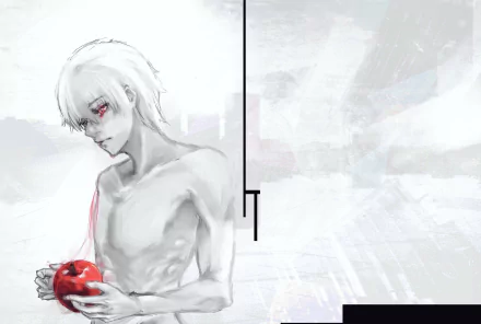 Anime HD PC wallpaper of Ken Kaneki (Tokyo Ghoul): pale, white‑haired figure with a red eye and blood-streaked hand holding a bright red apple against a minimalist gray background.