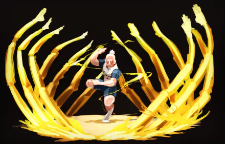 HD PC desktop wallpaper featuring Isaac Netero from Hunter x Hunter in an anime-style pose with radiant golden energy arms surrounding him.