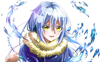 HD desktop wallpaper featuring Rimuru Tempest from That Time I Got Reincarnated as a Slime. Rimuru is depicted with blue hair, yellow eyes, and a furry collar, surrounded by artistic water splashes.