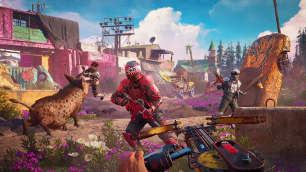 4K Ultra HD PC desktop wallpaper of a vibrant Far Cry New Dawn scene with armed characters, colorful buildings, and a wild animal in a post-apocalyptic setting.