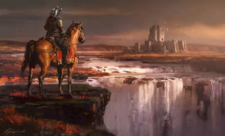 Geralt of Rivia, a warrior, on horseback overlooking a waterfall with a distant castle in the vivid landscape. This HD wallpaper is from the video game The Witcher 3: Wild Hunt.