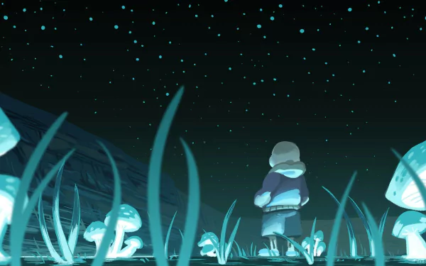 HD PC desktop wallpaper featuring Sans from the video game Undertale standing in a glowing, starry night landscape with luminescent plants and mushrooms.