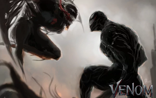 2K Quad HD wallpaper: Riot (Marvel Comics) and Venom from the Venom movie, two symbiotes looming in smoke and shadow.
