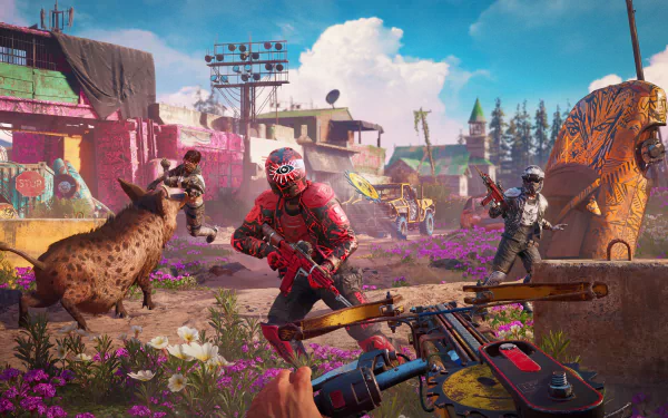 4K Ultra HD PC desktop wallpaper of a vibrant Far Cry New Dawn scene with armed characters, colorful buildings, and a wild animal in a post-apocalyptic setting.
