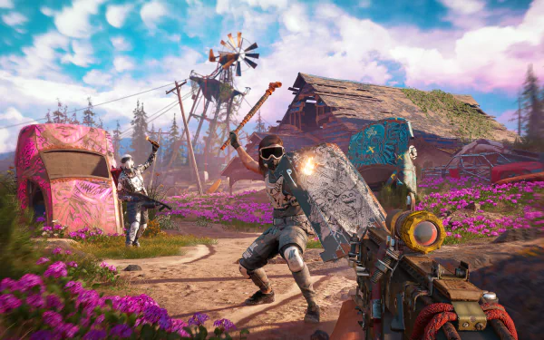 4K Ultra HD PC desktop wallpaper from the video game Far Cry New Dawn featuring a vibrant post-apocalyptic landscape with armed characters and rustic structures.